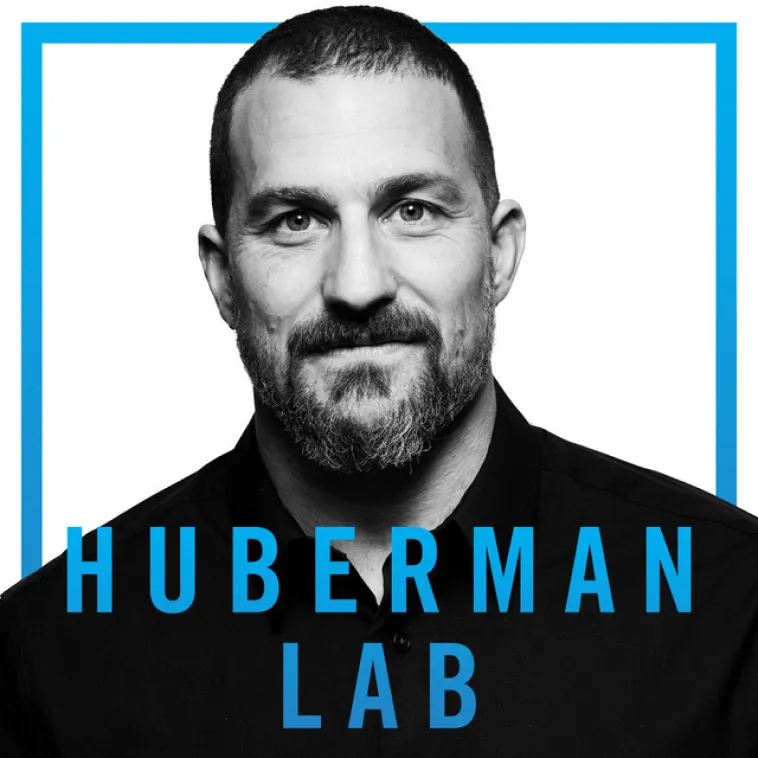 Humberman Lab, Caucasian male with beard, Andrew Huberman's headshot with blue text.