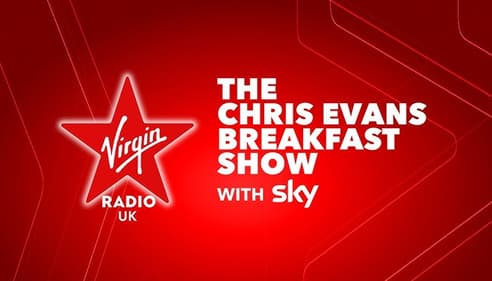 The Chris Evans Breakfast Show, white letters on red background.